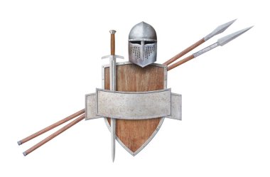 Miğfer kılıcı ahşap kalkan iki mızrak ve metal tabela beyaz arka planda izole