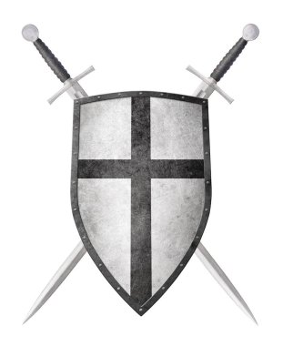 Siyah haçlı beyaz kalkan ve beyaz arka planda izole edilmiş iki kılıç
