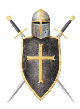 Şövalyenin kalkanı altın haç miğferiyle süslenmiş ve beyaz üzerine izole edilmiş iki kılıç.