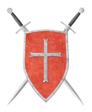 Metal haçla süslenmiş kırmızı kalkan ve beyaz arka planda izole edilmiş iki kılıç