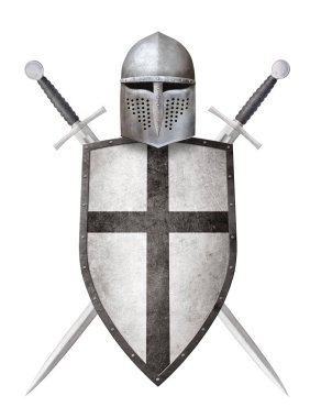 Siyah haç miğferli şövalye kalkanı ve beyaz üzerine izole edilmiş iki kılıç.