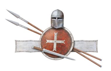 Ortaçağ miğferi, kalkan kılıcı ve beyaz üzerine izole edilmiş iki mızrak.