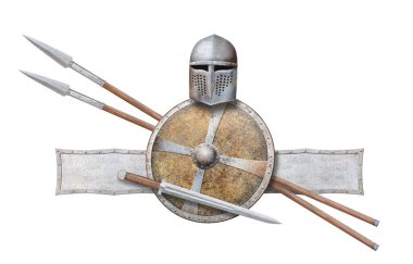 Ortaçağ miğferi, kalkan kılıcı ve beyaz üzerine izole edilmiş iki mızrak.