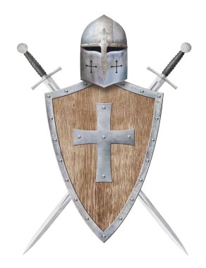 Şövalye miğferi ahşap kalkanı haçla süslenmiş ve beyaz üzerine izole edilmiş iki kılıç.