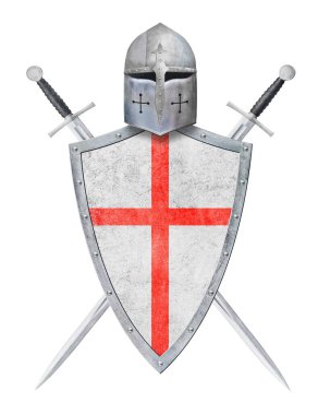 Şövalye miğferi. Kızıl haçlı ve beyaz arka planda iki kılıç var.