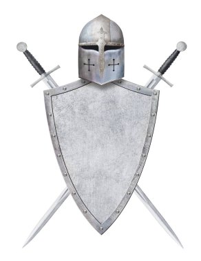 Şövalyenin miğferi demir kalkan ve beyaz arka planda iki kılıç.