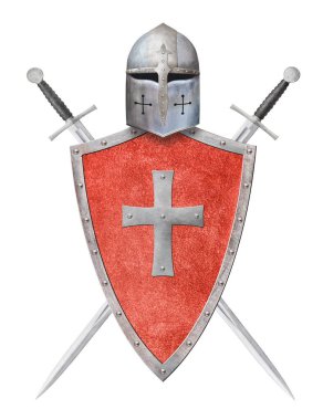 Şövalyenin miğferi haçla süslenmiş kırmızı kalkan ve beyaza izole edilmiş iki kılıç.
