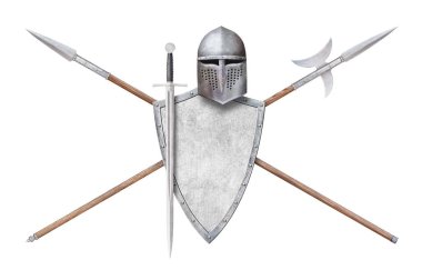 Kılıç miğferi demir kalkan ve beyaz üzerine iki mızrak.
