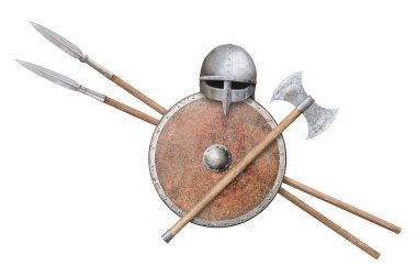 Viking 'in miğfer kalkan baltası ve beyaz üzerine izole edilmiş iki mızrak.