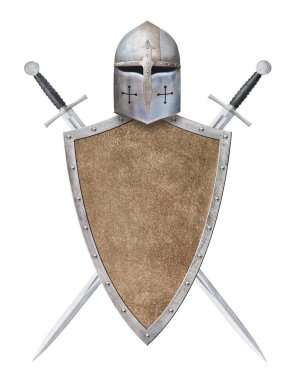 Şövalye miğferi kahverengi kalkan ve beyaz arka planda iki kılıç.