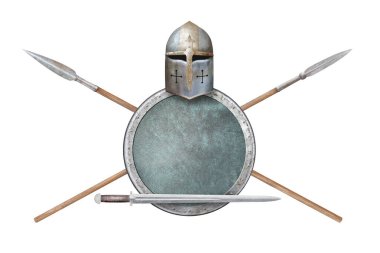 Şövalyenin miğferi yuvarlak bir kılıç ve iki mızrak beyaza saplanmış.