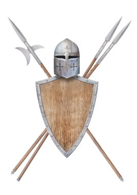Kask ahşap kalkan halberd ve beyaz üzerine izole iki mızrak