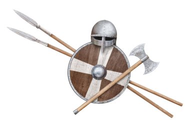 Viking 'in miğfer baltası ahşap kalkanı ve beyaza saplanmış iki mızrak.