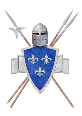 Heraldik zambaklarla süslenmiş kask mavi kalkanı ve beyaz üzerine izole edilmiş iki mızrak.