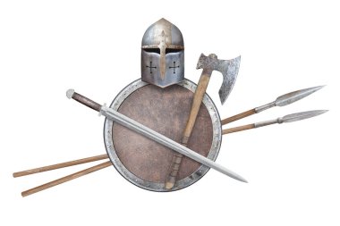 Miğfer kılıçlı balta yuvarlak kalkan ve iki mızrak beyaza saplanmış.