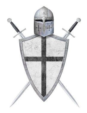 Beyaz arka planda siyah haçlı ve iki kılıçlı şövalye miğferi.