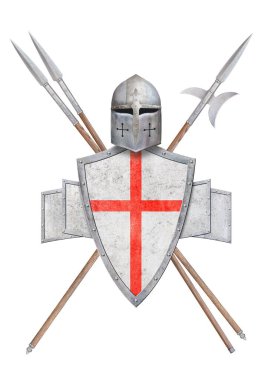 Kızıl haç halkalı miğfer metal kalkanı ve beyaz üzerine izole edilmiş iki mızrak