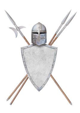 Kask metal kalkan halberd ve beyaz üzerine izole edilmiş iki mızrak.