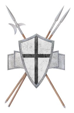 Siyah haçlı kalkan ve beyaz arka planda izole edilmiş iki mızrak.