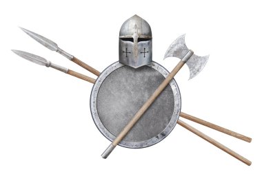 Şövalyenin miğferi savaş baltası yuvarlak kalkanı ve beyaza saplanmış iki mızrak.