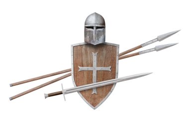 Şövalye miğferi, tahta kalkanı ve beyaz arka planda iki mızrak.