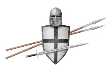 Şövalye miğferi, siyah haçlı kılıç kalkanı ve beyaza saplanmış iki mızrak.