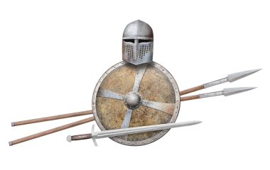 Şövalyenin miğferi yuvarlak kılıç ve iki mızrak beyaza saplanmış.