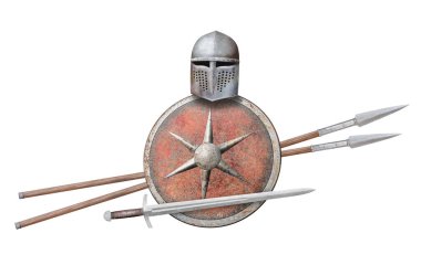 Şövalyenin miğferi kırmızı kılıç kalkanı ve beyaz arka planda iki mızrak.