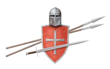 Şövalyenin miğferi kırmızı kalkanı metal haçla süslenmiş ve iki mızrak beyaza saplanmış.