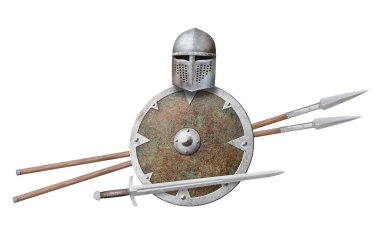 Şövalyenin miğferi paslı kalkanı ve iki mızrak beyaza saplanmış.