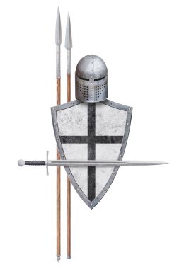 Beyaz arka planda siyah haçlı ve iki mızraklı şövalye miğferi.