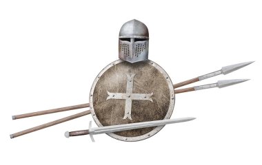 Şövalyenin miğfer kalkanı haçla süslenmiş ve iki mızrak beyaza saplanmış.