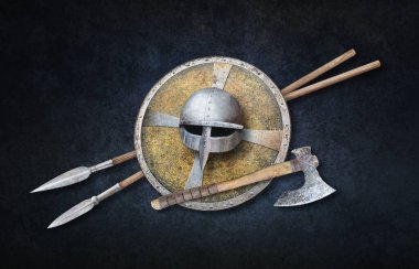 Viking 'in miğfer balta kalkanı ve koyu grunge arka planda iki mızrak.