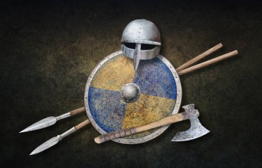 Viking 'in miğfer baltası renk kalkanı ve koyu grunge arka planda iki mızrak.