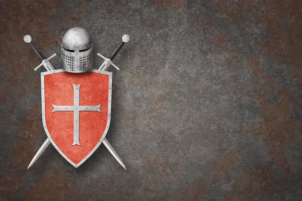 Şövalyenin miğferi metal haçlı kırmızı kalkan ve arka planda iki kılıç.