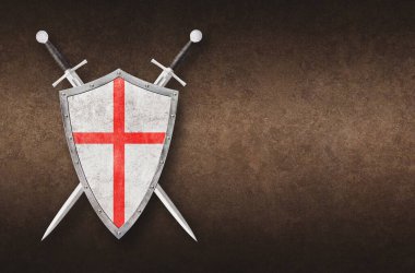 Kızıl haçlı metal kalkan ve grunge arka planda iki kılıç