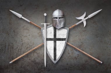 Şövalyenin miğfer kalkanı, siyah çapraz kılıç ve arka planda iki mızrak.