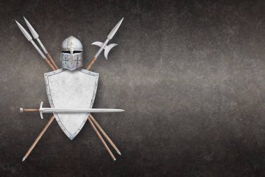 Şövalyenin miğfer kalkanı iki mızrak ve halberd koyu grunge arka planda