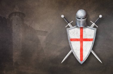 Eski kaledeki şövalye zırhı koyu kahverengi arka plan