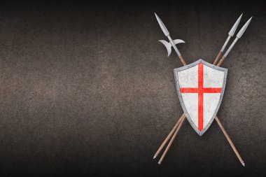 Kırmızı haç mızraklı beyaz kalkan ve grunge arkaplanda halberd
