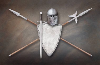 Şövalye 'nin miğferi kılıç kalkanı mızrağı ve halberd Grunge arka planda