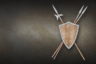 İki mızraklı ahşap kalkan ve grunge sepya arka planında halberd.