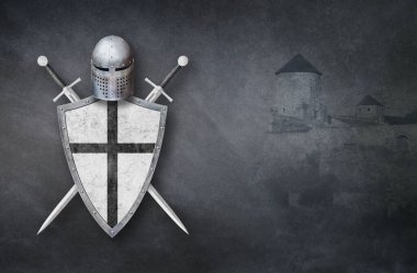 Kara kalenin arka planında şövalye zırhı