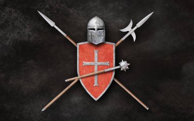Şövalye miğferi kalkanı topuzu mızrak ve halberd Grunge arka planda