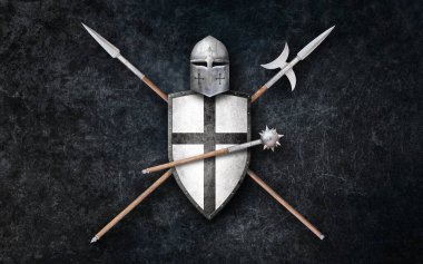 Şövalye miğferi kalkanı topuzu mızrak ve halberd Grunge arka planda