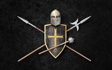 Şövalye miğferi siyah kalkan çapraz mızrak ve halberd ile donatılmış Grunge arka planda