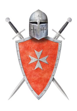 iki kılıç miğferi ve kırmızı kalkanla donatılmış beyaz haçla izole edilmiş