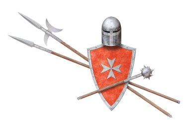 Beyaz üzerine metal haç başlıklı mızrak ve halberd süslemeli kırmızı kalkan.