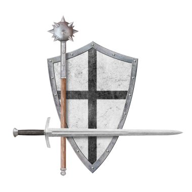 Kılıç topuzu ve beyaz kalkanla siyah haç beyaz üzerine izole edilmiş.
