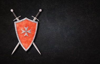 Kırmızı kalkan koyu grunge arkaplanda çapraz ile süslenmiş